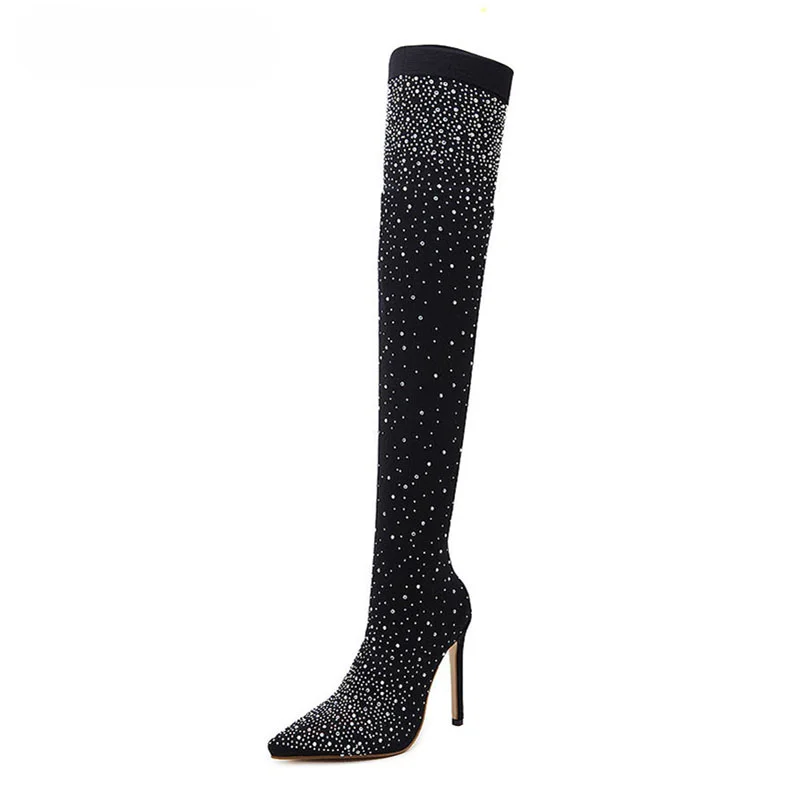Calcetines sexis de tacón alto por encima de la rodilla, botas con punta puntiaguda, diseño de diamantes de imitación de cristal, tela elástica, zapatos de baile en barra para mujer - imagen 3
