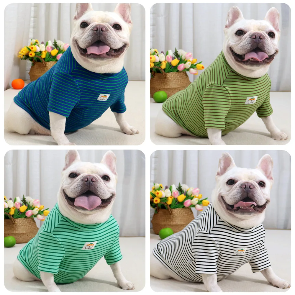 Camisas de algodón puro para perros, camiseta elástica a rayas gruesas para cachorros, ropa para mascotas, ropa para perros pequeños, Bulldog Francés para primavera y otoño - imagen 4