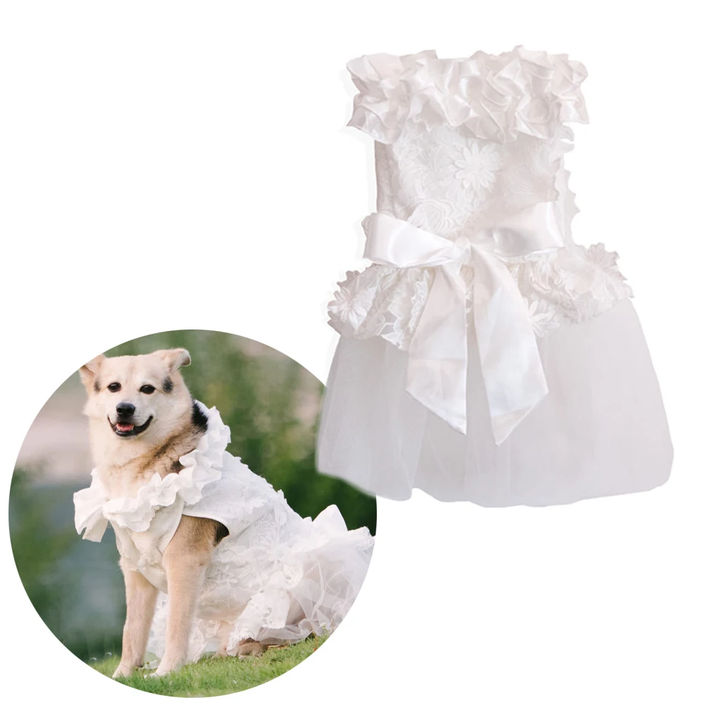 Vestido de novia para perros, vestido de princesa con volantes de encaje blanco de lujo con lazo grande para niña, disfraz Formal de fiesta para perros y mascotas