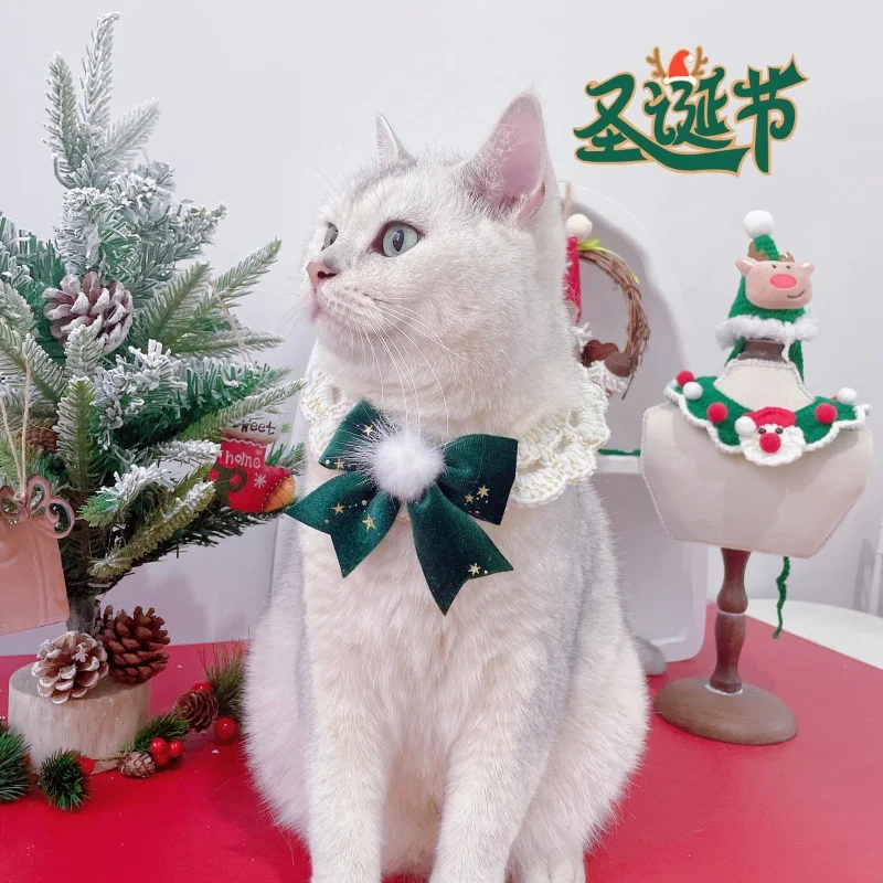 Pajarita navideña para mascotas, bufanda con bola de piel, Collar de corbata de Año Nuevo para perros y gatos, accesorio de toalla para babas para mascotas, accesorios para perros pequeños - imagen 2