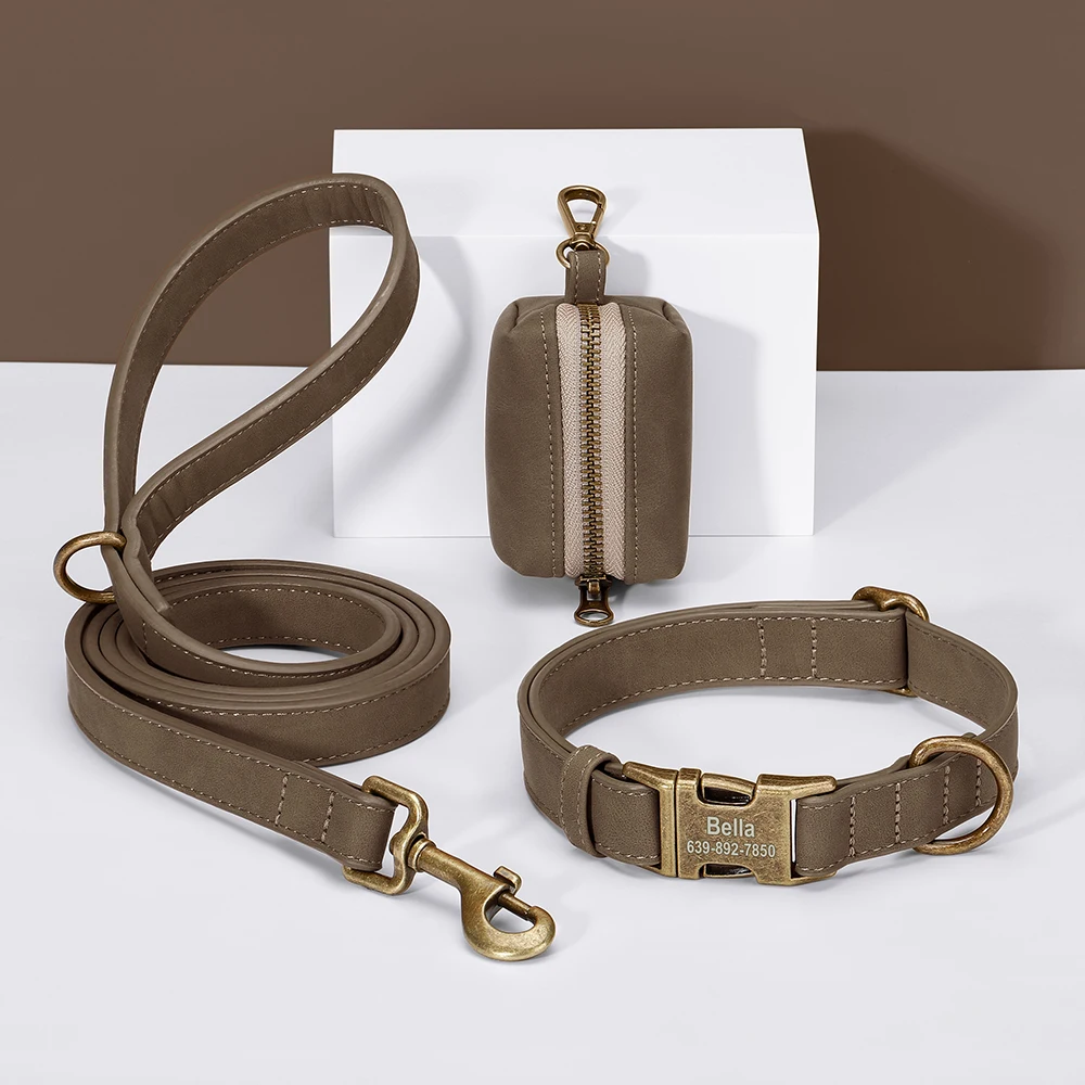 Collar personalizado para perros con correa y bolsa - cuero PU vintage