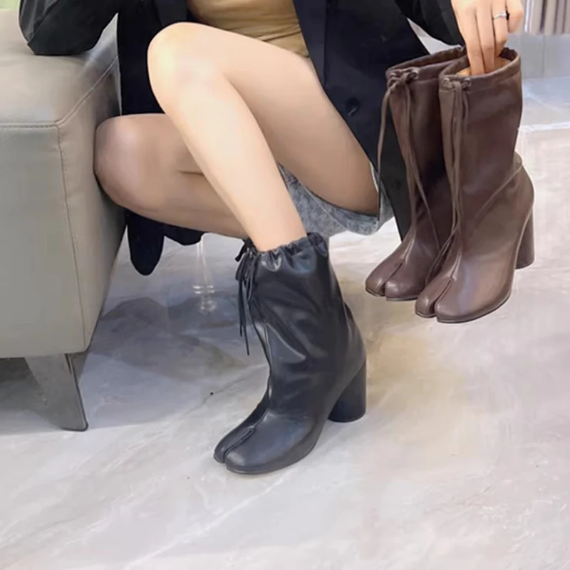 Nuevos botines Tabi para mujer, tacones altos, botas con punta abierta, botas Tabi de tubo ancho a la moda con cordones, zapatos con punta abierta para mujer - imagen 3