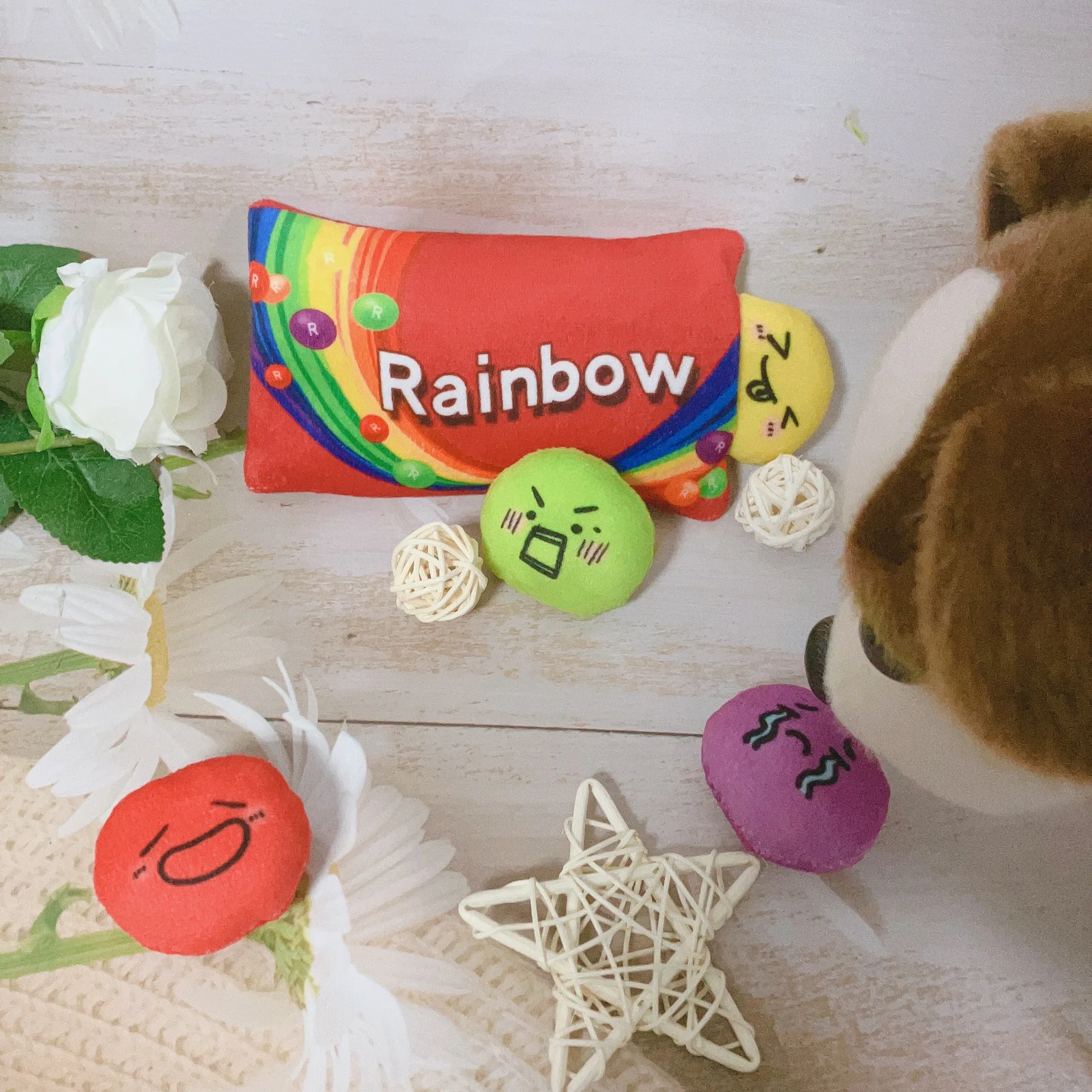 Juguetes de peluche con sonido de arcoíris para mascotas, comida oculta, suministros de fugas para perros, accesorios para cachorros