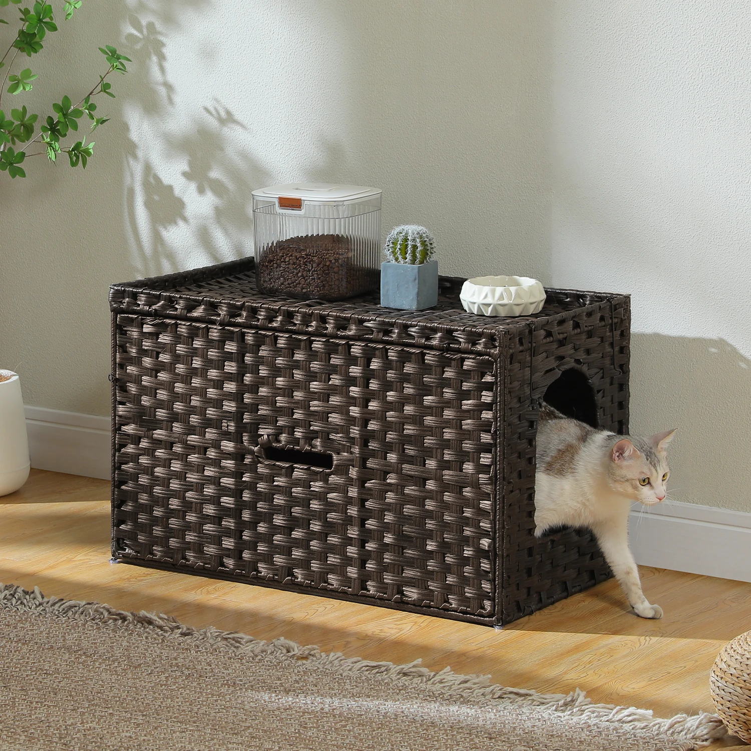 Caja de arena para gatos de ratán con puerta más alta y diseño abatible, alfombrilla con borde elevado más espacio, muebles para gabinete de casa para gatos - imagen 4