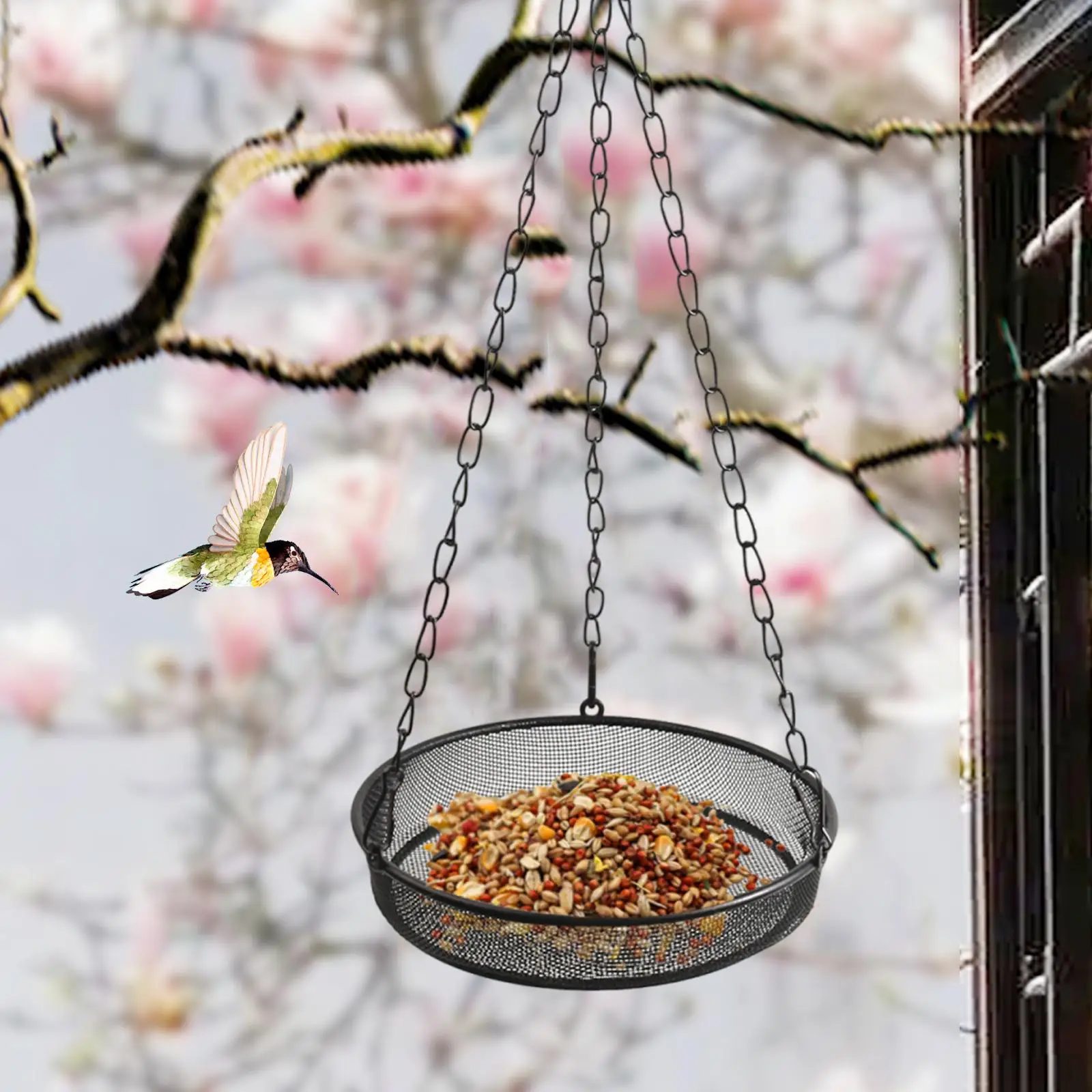Hanging Bird Feeder Practical Multifunction Easy Clean Waterprood Sturdy Iron Metal Mesh Tray for Tree Outside Yard Balcony Home