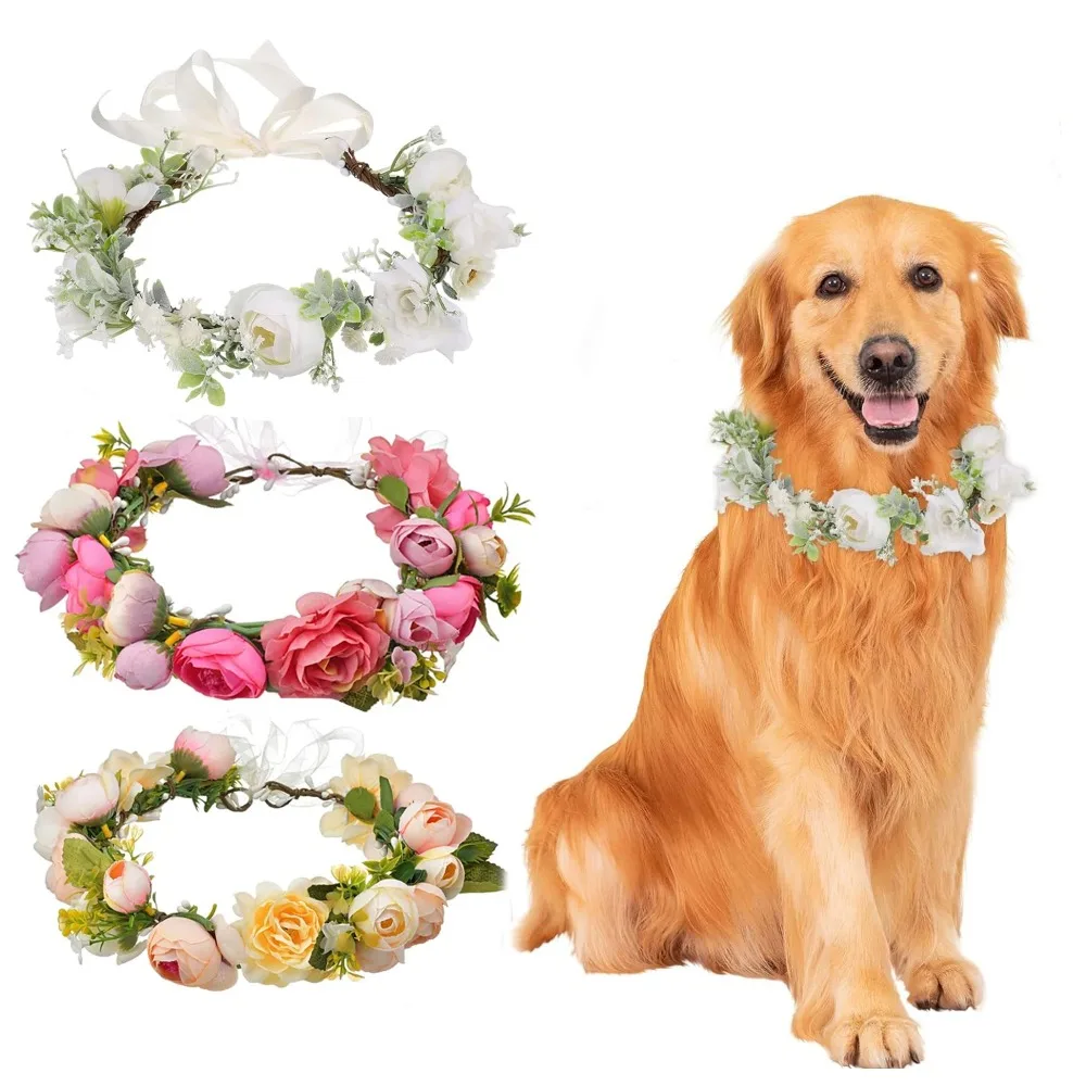 Collar de perro de flores elegante ajustable para perros medianos y grandes, accesorios para fotos de boda, accesorios para disfraz de mascota