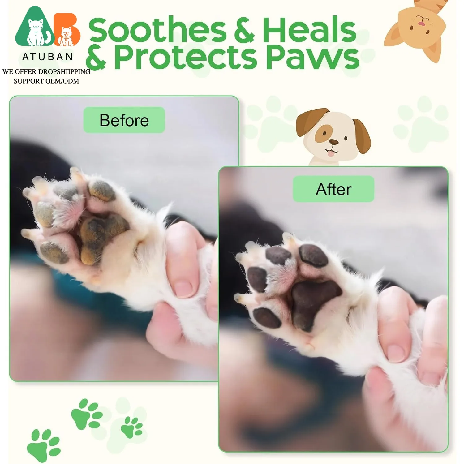 ATUBAN Bálsamo para patas de perro y bálsamo para la nariz, Protector totalmente natural para patas de perro y gato, chupete, aceite de coco orgánico para patas secas y agrietadas de perro, nariz