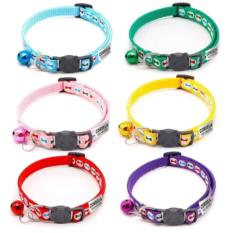 Collar personalizado con etiqueta de nombre para mascota, Collar para gato con campana, hueso de dibujos animados, perro, cachorro, gato, gatito, Collar de seguridad ajustable, joyería para gato