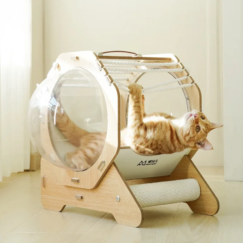 Nido para gatos con cápsula de madera 360 °   Cápsula bilateral portátil de gran espacio, nido para gatos, poste rascador, camas para dormir, suministros para mascotas