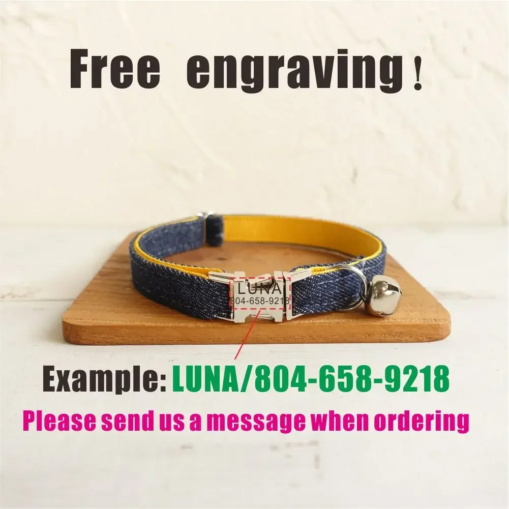 Collar de gato personalizado, contactos de nombre de identificación personalizados, hebilla de metal, collares de gato de fibra de mezclilla amarilla ajustables con campana - imagen 4