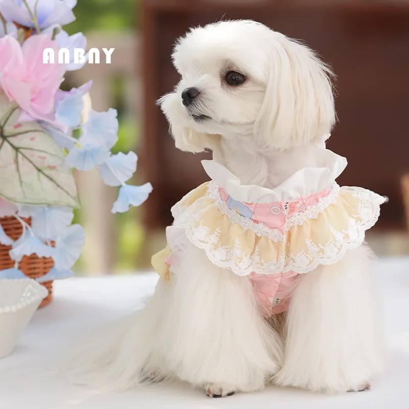 Vestidos de princesa de lujo para perros, faldas para perros Lolita para primavera y otoño, disfraz hecho a mano, falda de encaje de alta calidad, ropa para perros pequeños - imagen 5