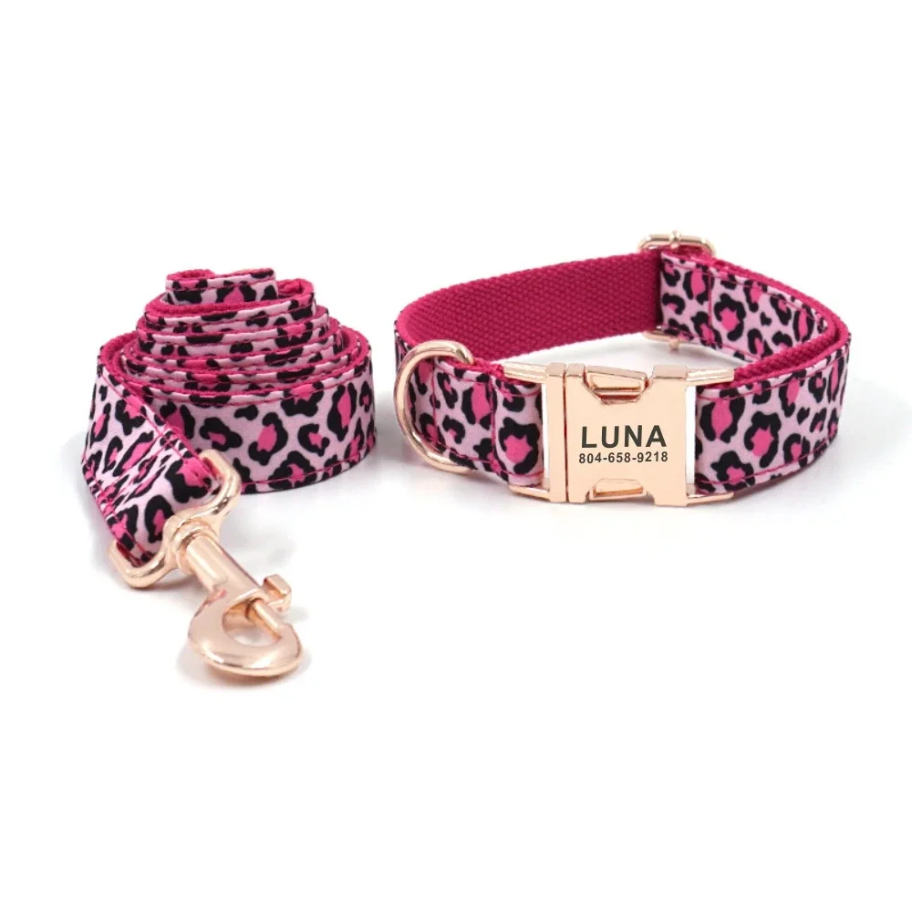 Collar de perro personalizado, collares para mascotas personalizados, grabado gratis, placa de identificación, etiqueta, accesorio para mascotas, Collar de cachorro de leopardo rosa, correa