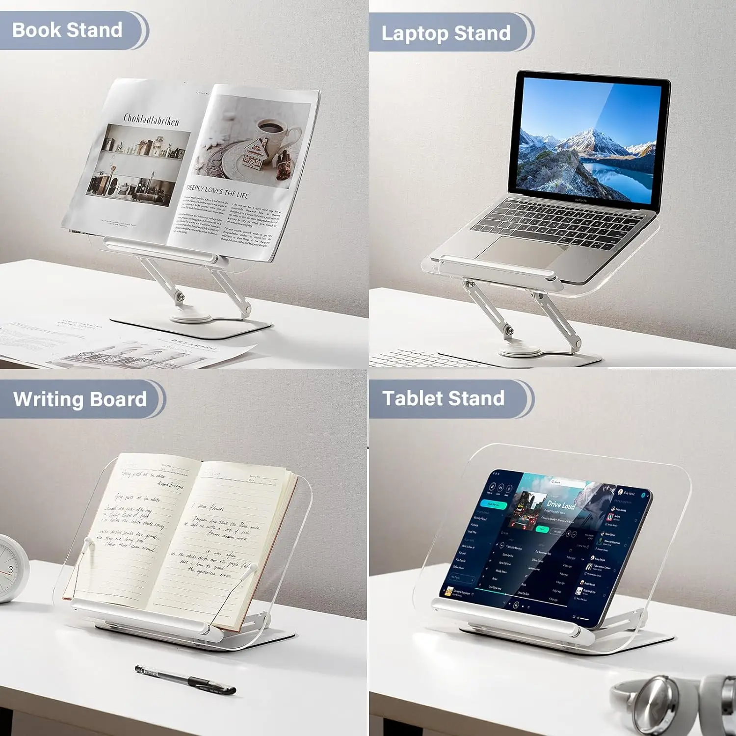 Soporte de libros acrílico para lectura, soporte de libros ajustable con 360 °   Base giratoria y clips de página elásticos Soporte elevador de escritorio plegable - imagen 4