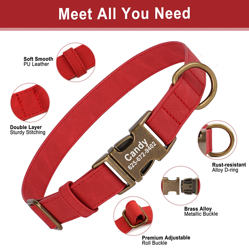 Collar de perro antipérdida personalizado, collares con etiqueta de identificación de perro, collares de cuero PU suave para mascotas, hebilla de Metal grabada gratis para Bulldog - imagen 3