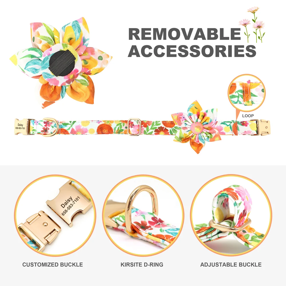 Collar de nailon personalizado para perro, accesorio con estampado de flores, identificación de mascotas, antipérdida para perros pequeños y grandes - imagen 4