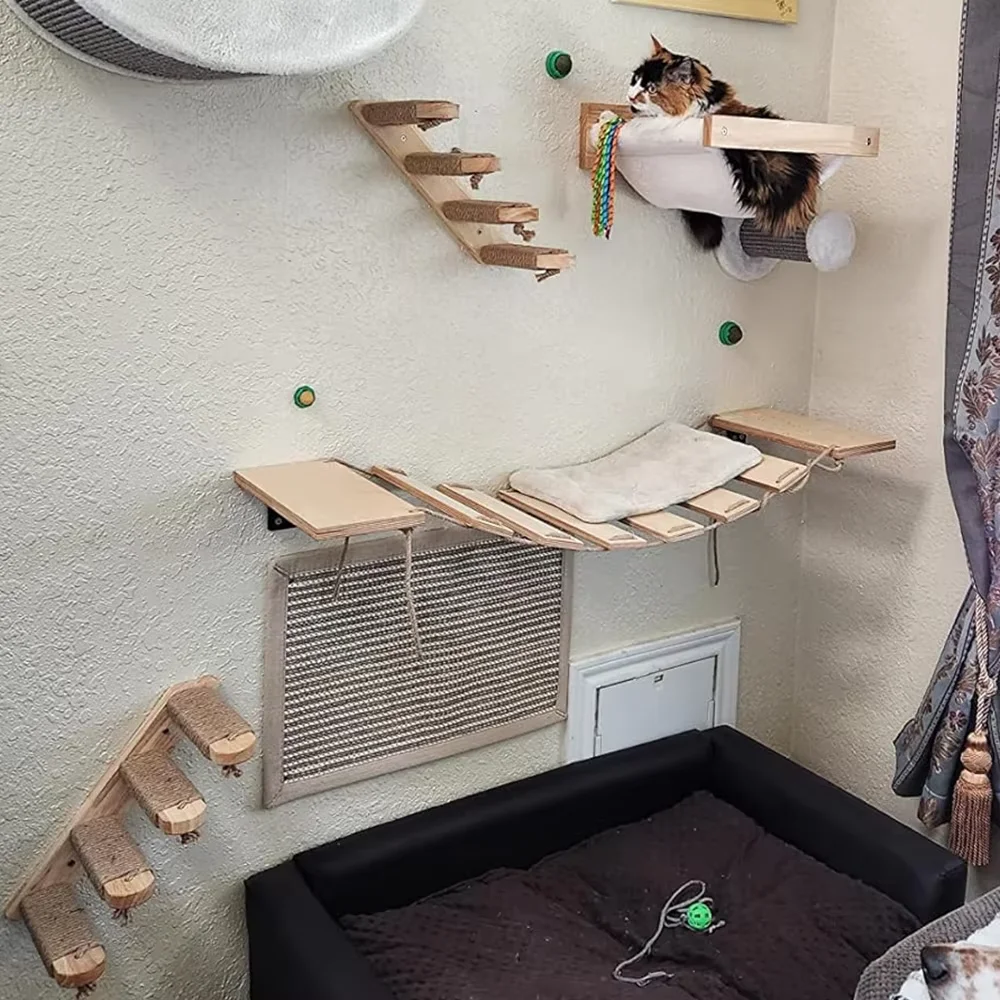Estantes de escalada para gatos, hamaca para gatos, torre montada en la pared, casa colgante de pared tejida a mano para gatos, macramé, escalones y plataforma desmontables - imagen 5