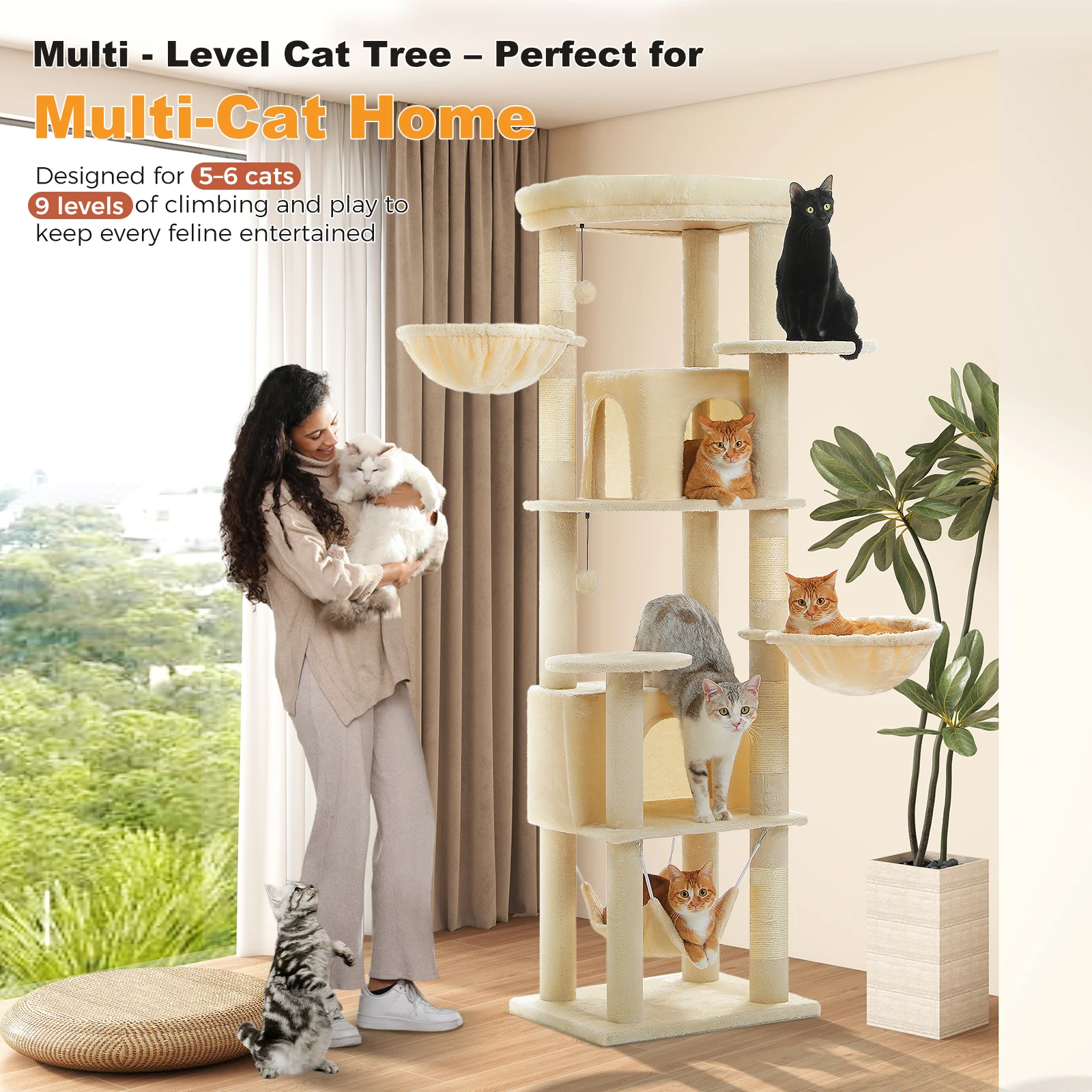 Árbol alto para gatos con postes rascadores, hamaca acogedora, percha superior, torre grande para gatos de varios niveles, condominio espacioso para gatos, juguetes de interior - imagen 2