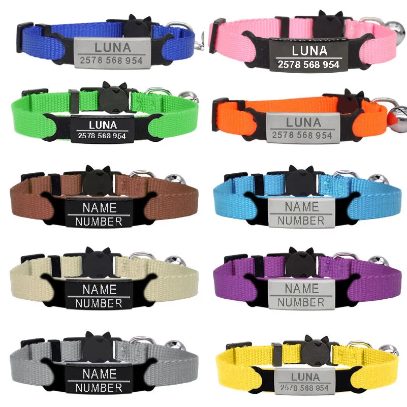 Collar de gato con etiqueta de identificación personalizada, grabado de campana, seguridad, transpirable, perro pequeño, nailon, ajustable para cachorros y gatitos - imagen 2
