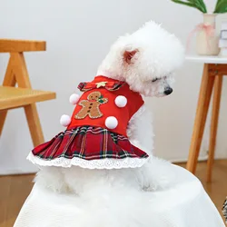 Vestido de encaje de felpa de Navidad para mascotas, abrigo de lana con falda a cuadros para perros y gatos pequeños