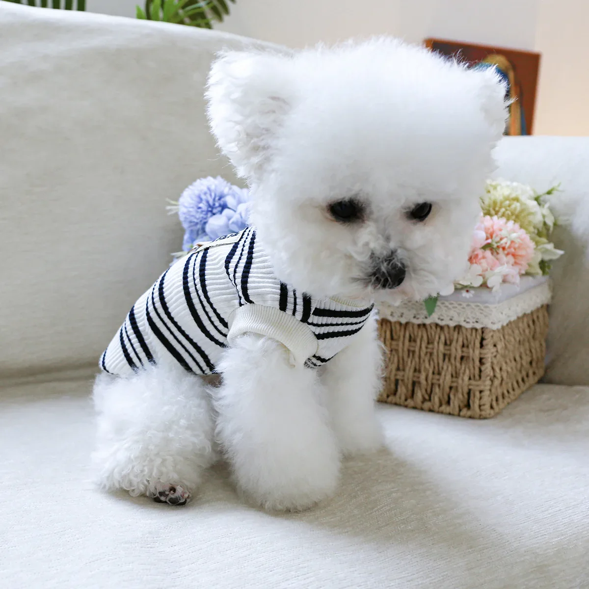 Camisa Base a rayas para mascotas, ropa para el hogar para primavera y otoño, pijamas, chaleco a rayas, ropa para cachorros, ropa para gatos para perros pequeños - imagen 4