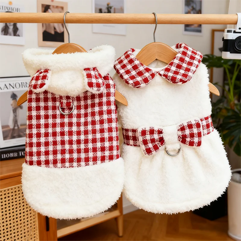 Chaqueta con capucha cálida de felpa para perro, bonito vestido con lazo para perro, abrigo de invierno para mascota, disfraz para cachorro, chaqueta para gato a cuadros roja, abrigo, cárdigan para mascota, ropa para perro