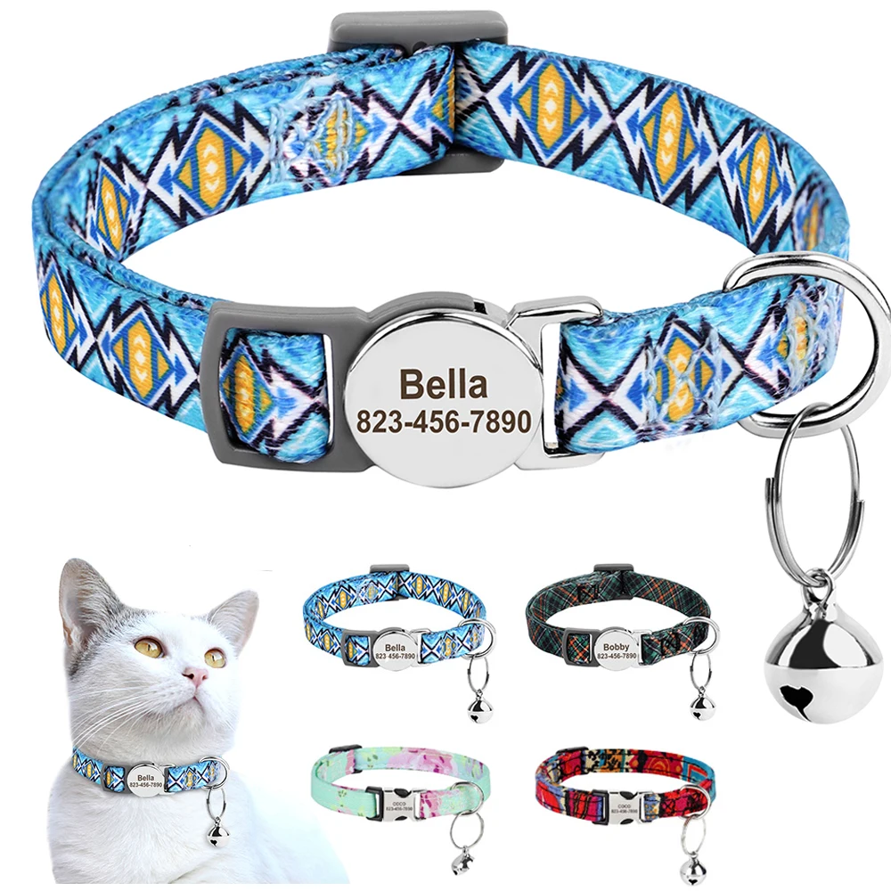 Collar de nailon personalizado para gatos, collares para cachorros y gatos, Collar antipérdida con nombre de identificación de mascotas, collares con campana, regalo para perros pequeños y gatos