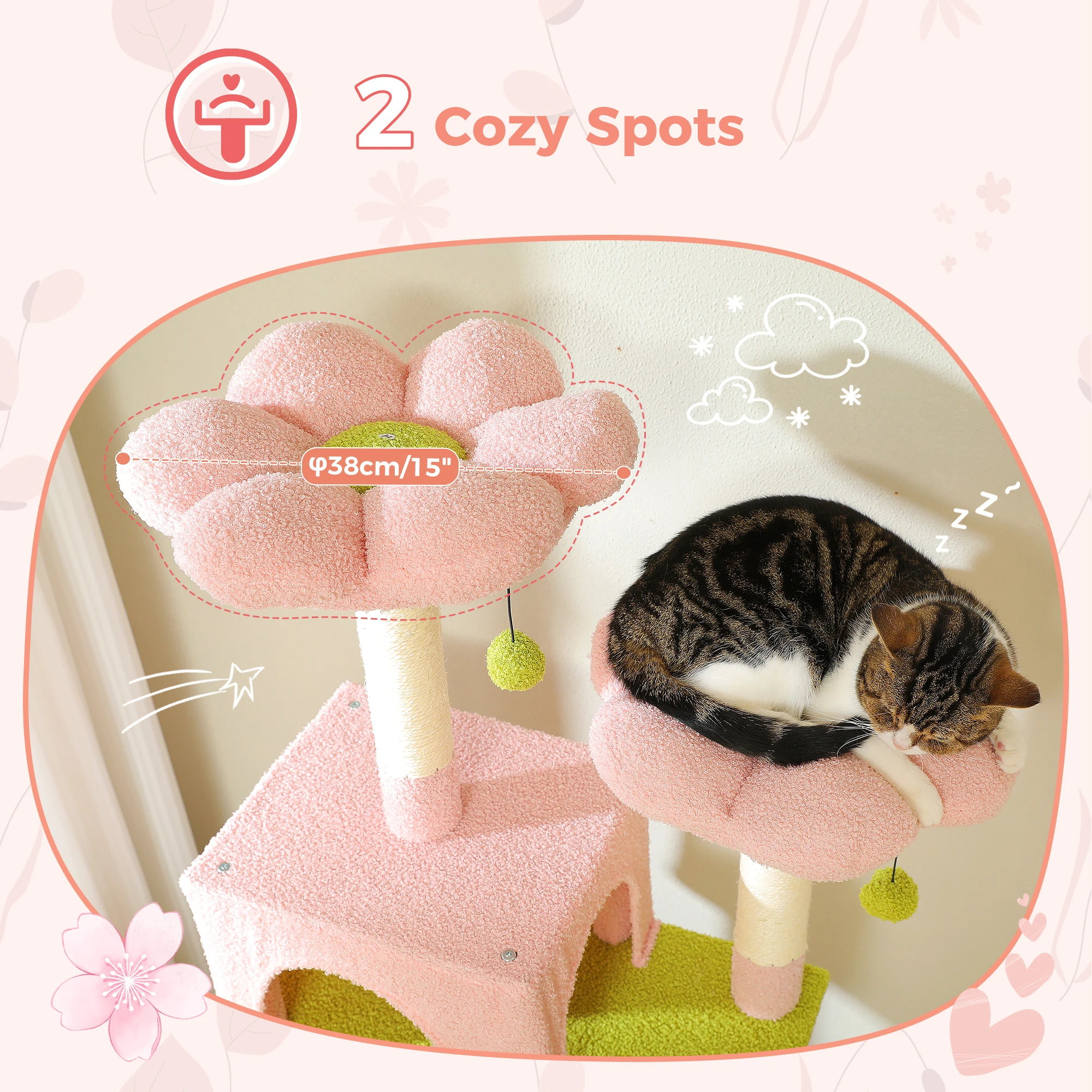 Torre grande de árbol para gatos de 184 cm para gatos de interior con postes para rascar cubiertos de sisal, hamaca espaciosa, perchas acolchadas y condominios, color rosa - imagen 4