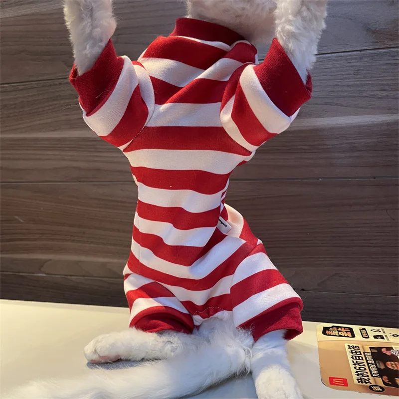 Sudadera a rayas de cuatro patas para gato esfinge, disfraces navideños cálidos rojos para gatos, camiseta interior de lana gruesa para gatitos en invierno - imagen 4