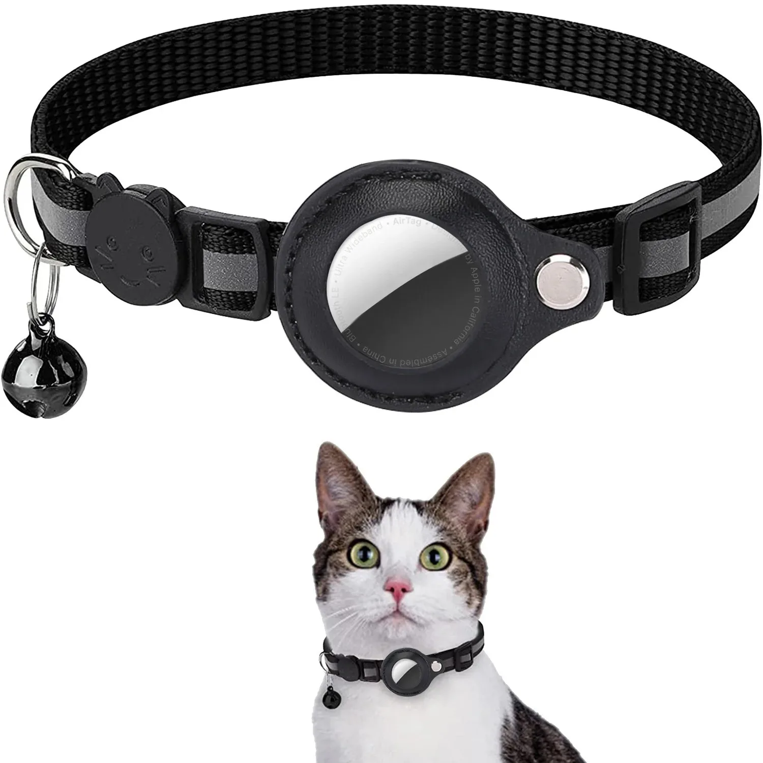 Collar con soporte AirTag para gato, tiras reflectantes separables, Collar ajustable para gatito, Collar impermeable con campana para gato, estuche con etiqueta de aire para mascotas - imagen 2