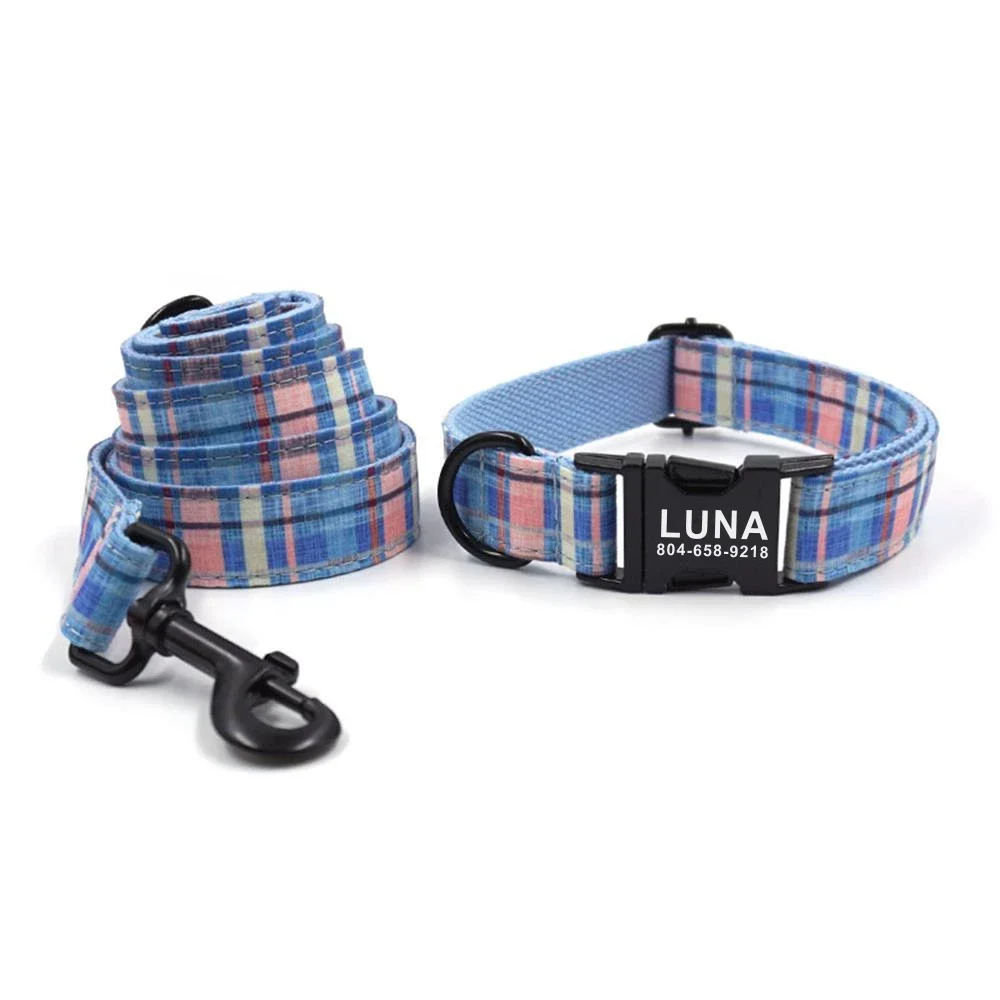 Collar personalizado para perro, Correa con grabado de placa de identificación, accesorio para mascota, Collar colorido a cuadros para cachorro