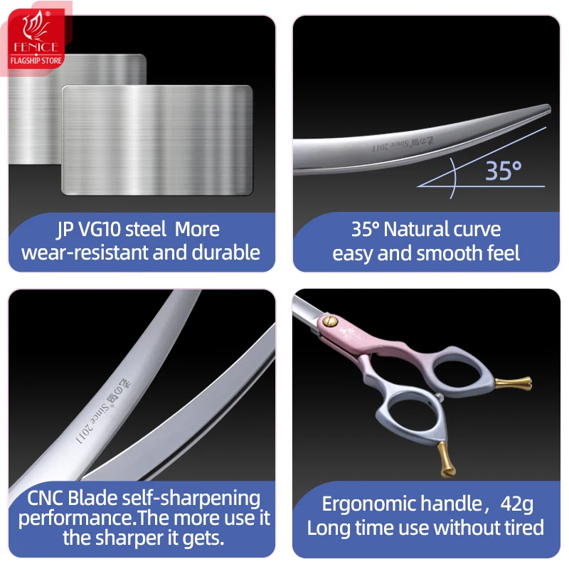 Fenice-Tijeras profesionales JP VG10 para perros, accesorio para mano derecha e izquierda, curvadas, de 6,5 pulgadas, 35 °, para aseo de mascotas - imagen 4