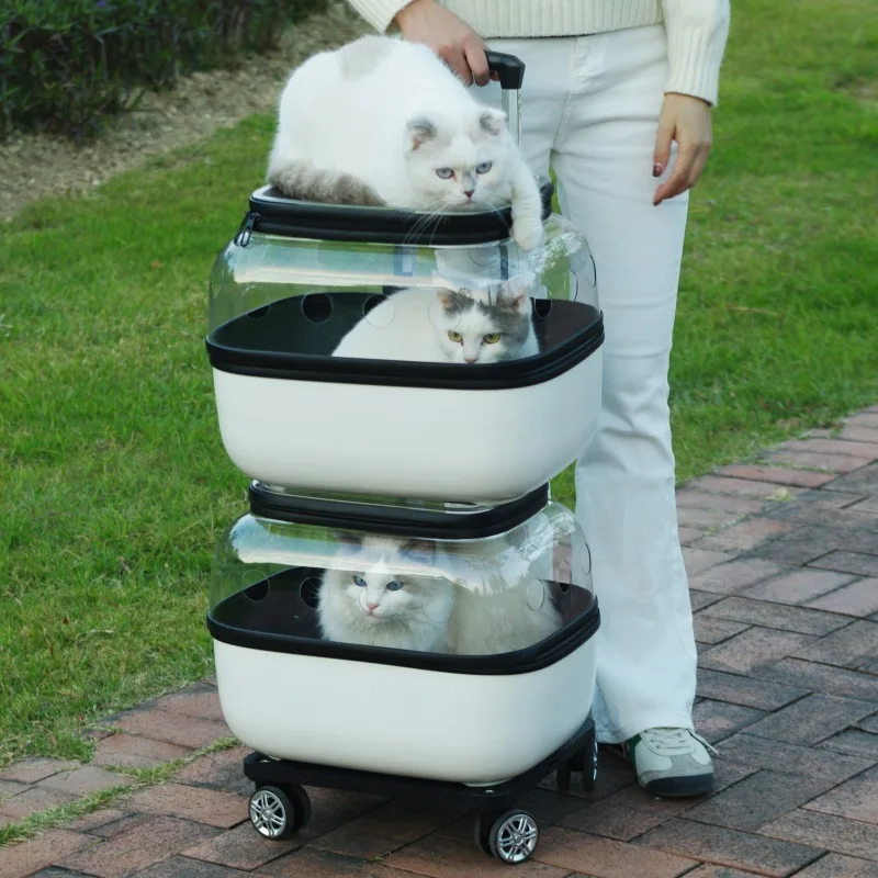 Bolsa con ruedas para gatos de doble capa, portador de ruedas, cochecitos transparentes para gatos, 2 gatos, suministros para mascotas transpirables y baratos, portátiles