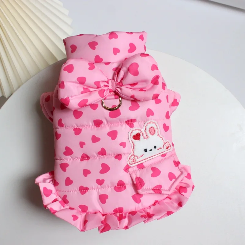 Abrigo con lazo de amor para mascotas, ropa de invierno de tracción para perros pequeños y gatos de peluche, falda gruesa de princesa, ropa para perros y cachorros, Otoño/Invierno