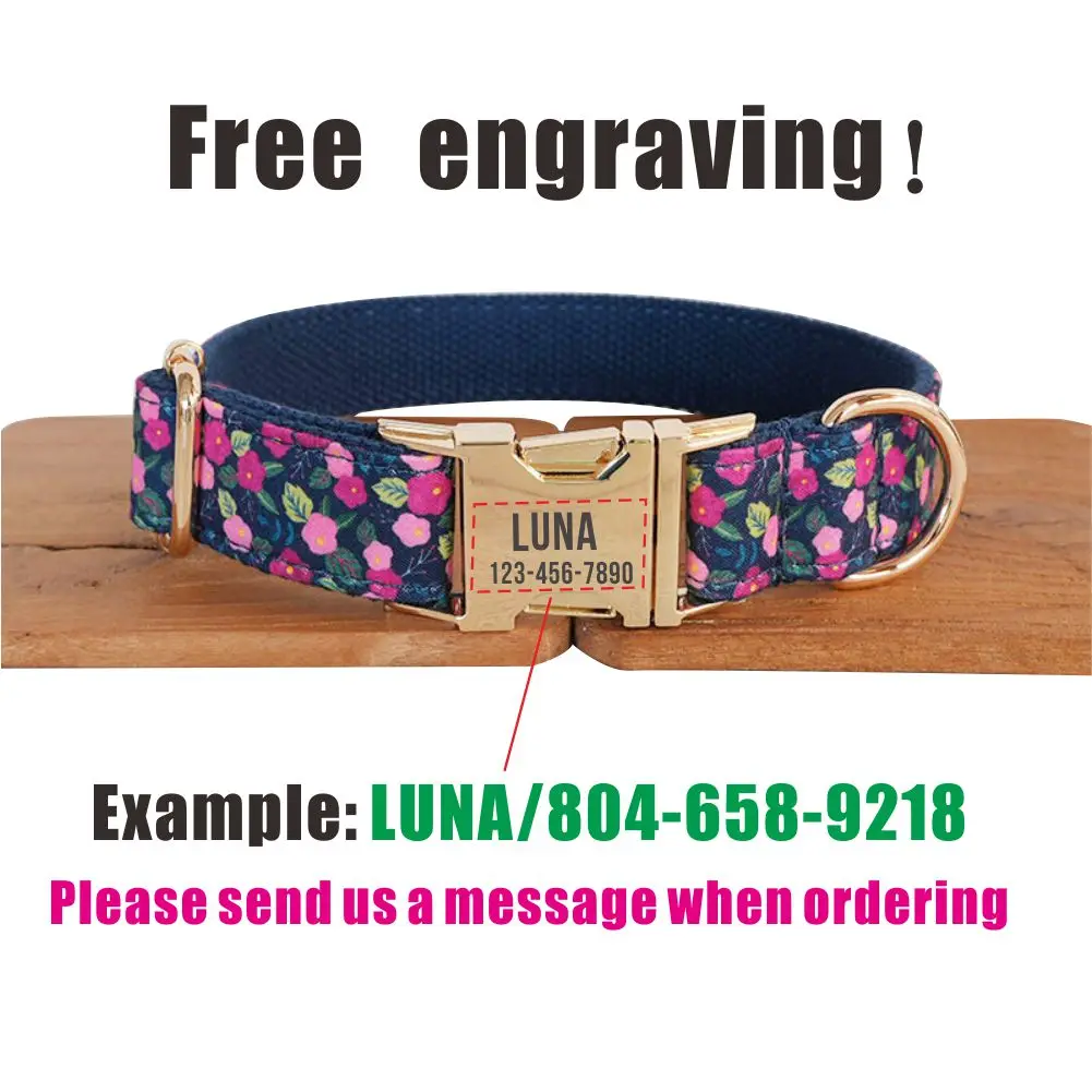 Coleira de cachorro personalizada com gravura grátis, coleira para animais de estimação combinando, fivela de metal de contatos personalizados, coleira para animais de estimação com flor azul escuro - imagen 4