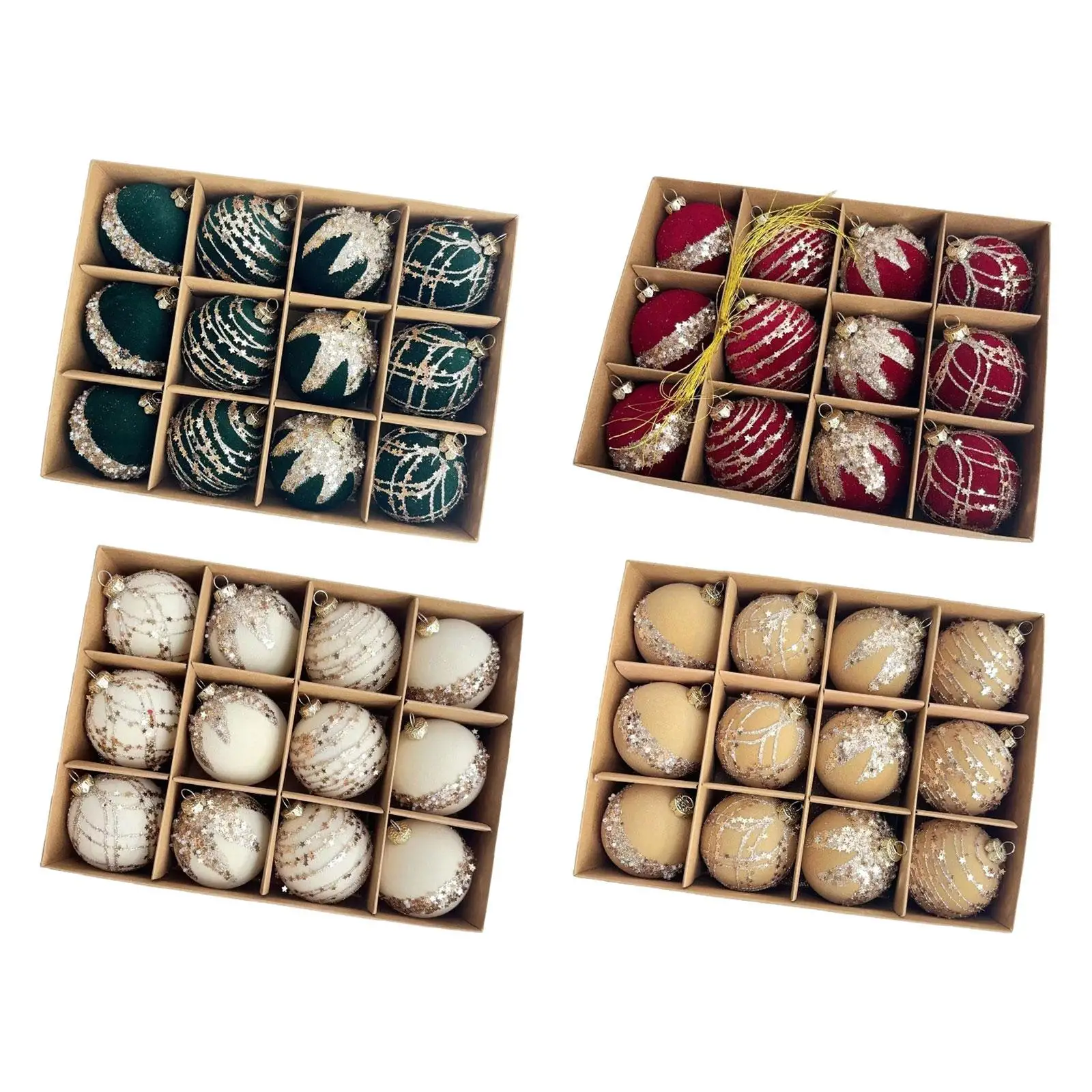 Glitter Christmas Balls Set Flocking Tree Hanging Ornaments for Christmas Home Decoration and Parties