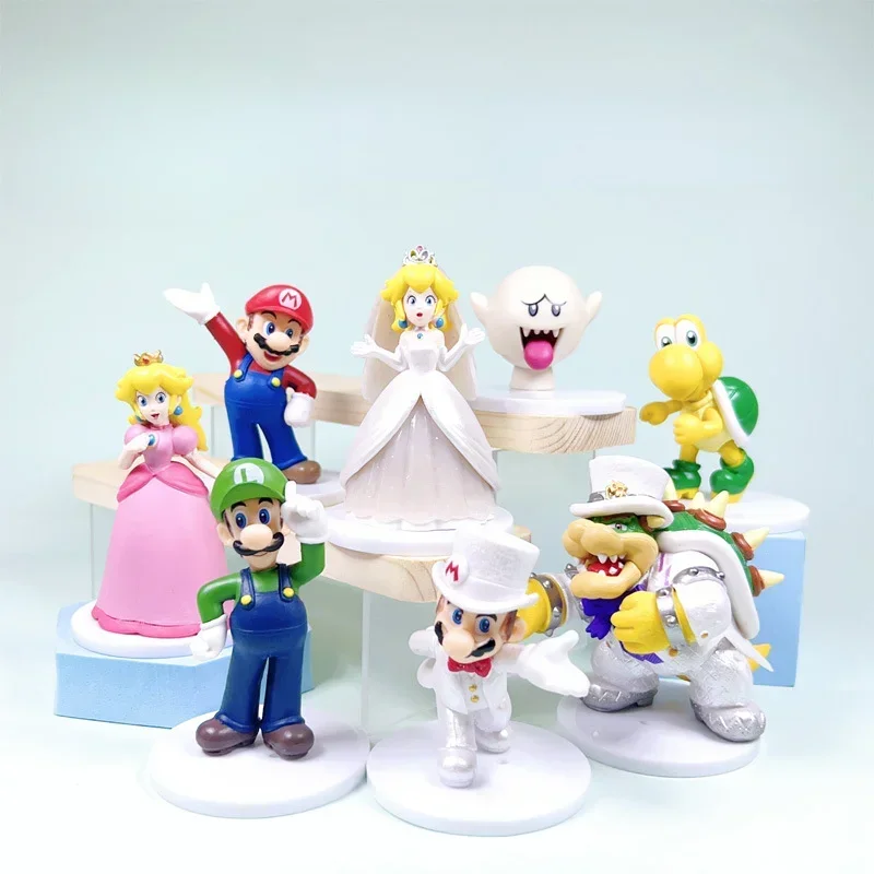 8 Uds Super Marios Bros Anime figura de acción juguete tema de boda modelo de dibujos animados muñecas Luigi princesa melocotón Bowser Boo juguetes regalos para niños - imagen 2