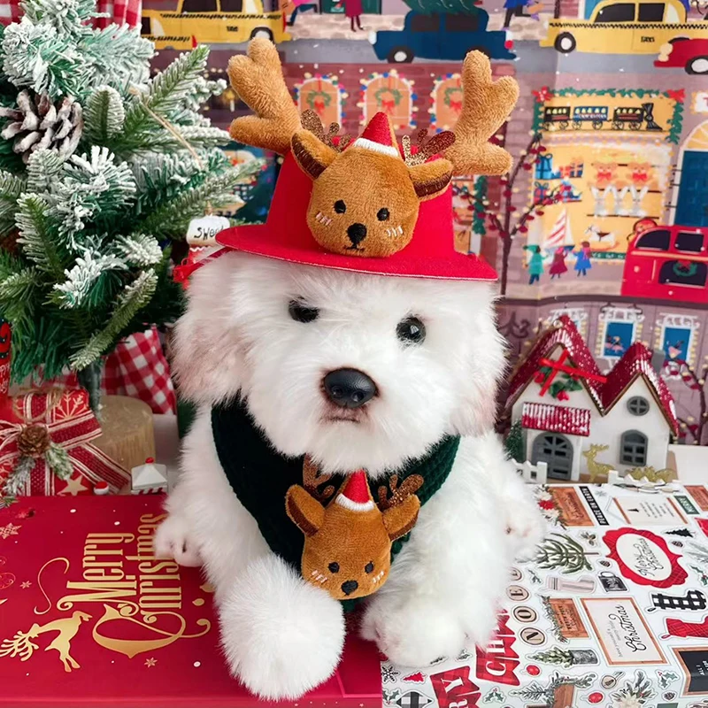 Conjunto de gorro y bufanda navideña para perro, bufanda tejida de alce para gatos, perros pequeños y medianos, gorro cálido de invierno para cachorros, accesorios para perros de Papá Noel - imagen 2