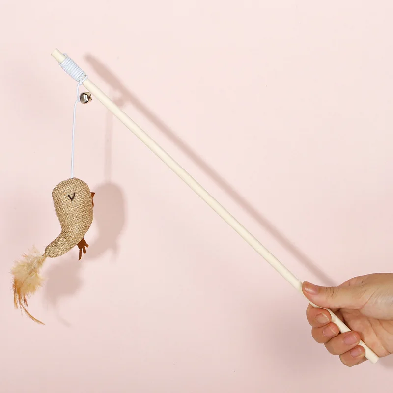 Juguetes interactivos para gatos, varita de lino de plumas, palo Teaser para gatos, varilla de madera, ratón de juguete con Mini campana - imagen 3