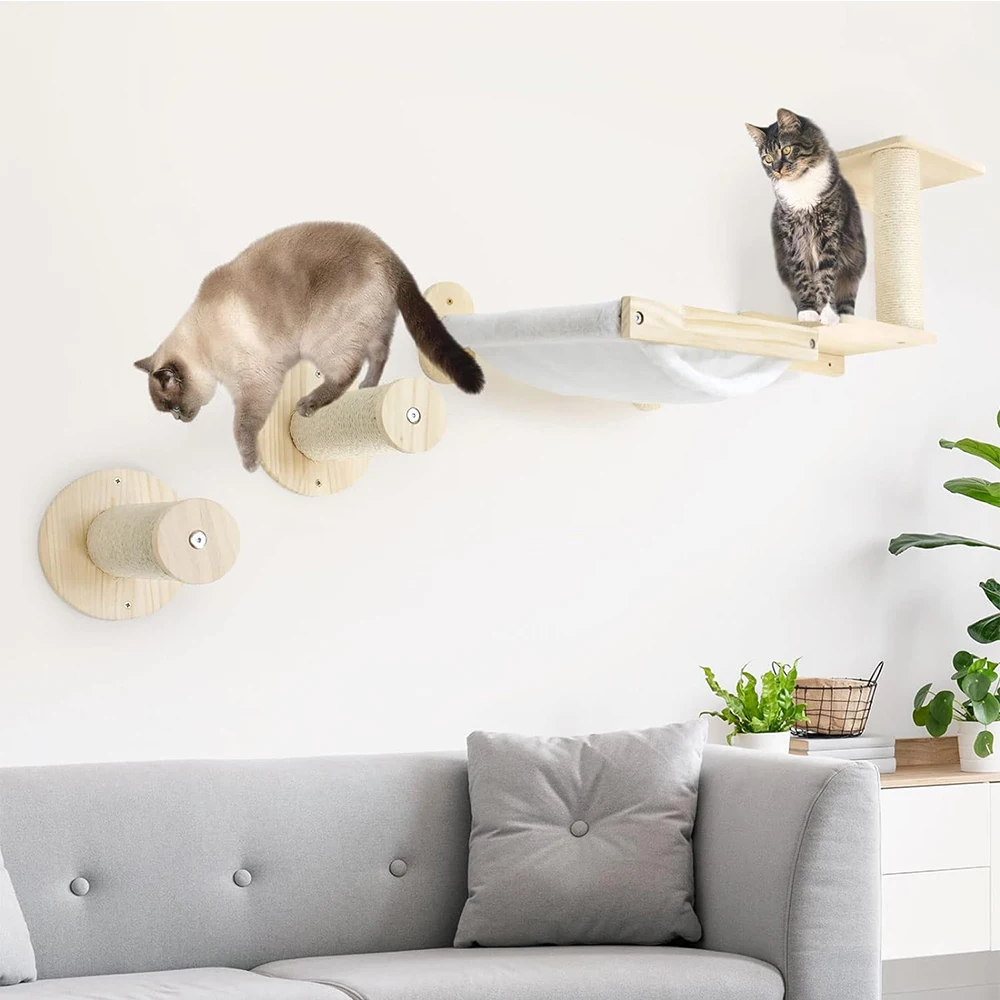 Marco de escalada para gatos montado en la pared, madera maciza de pino, cama colgante, plataforma de salto, poste de escalada para rascar, muebles para mascotas - imagen 2