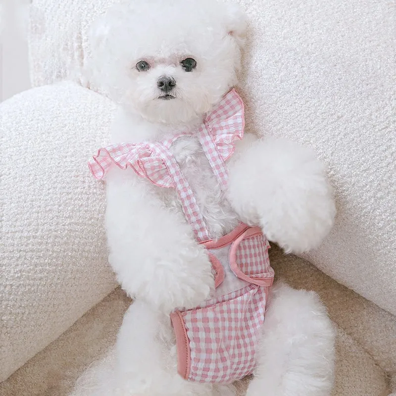 Pañal con tirantes para perro, pantalones fisiológicos lavables para mascotas, pantalones cortos bonitos a cuadros para perro, mangas voladoras, camisa para gato, ropa interior para perro - imagen 3