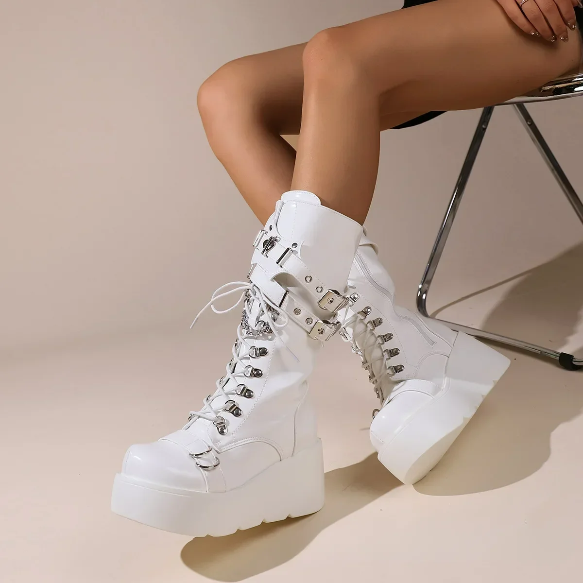 Botas de plataforma con hebilla remachada para mujer, botas altas Punk Spice Chic Biker Rider - imagen 2