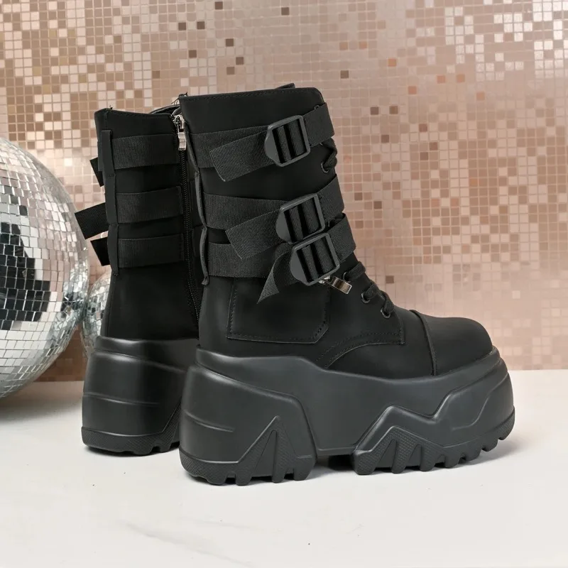 Botas tobilleras con hebilla de cinturón para motocicleta, plataforma con punta redonda, altura creciente, con cordones, moda concisa, zapatos gruesos sexys para mujer, nuevo - imagen 4