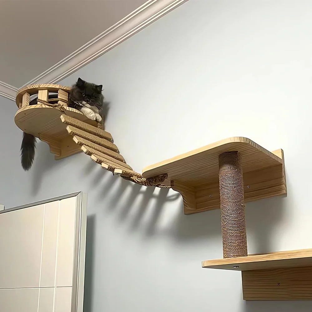 Escalera de cuerda montada en la pared para gatos, rascador de Sisal de madera, muebles para mascotas, 50Cm/100Cm - imagen 3