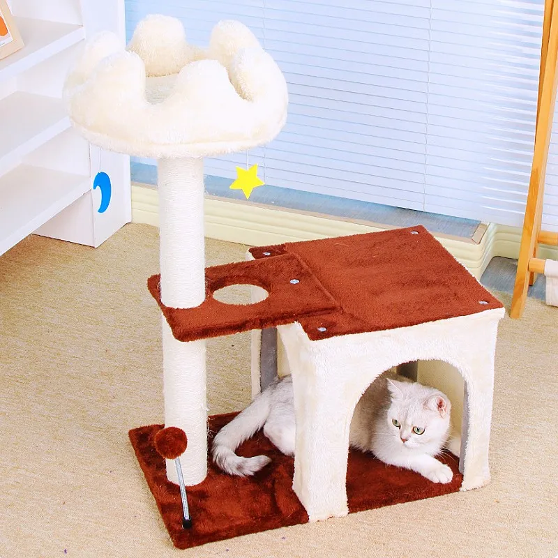 Árbol rascador de madera para gatos con sisal, área salto y casa - imagen 3