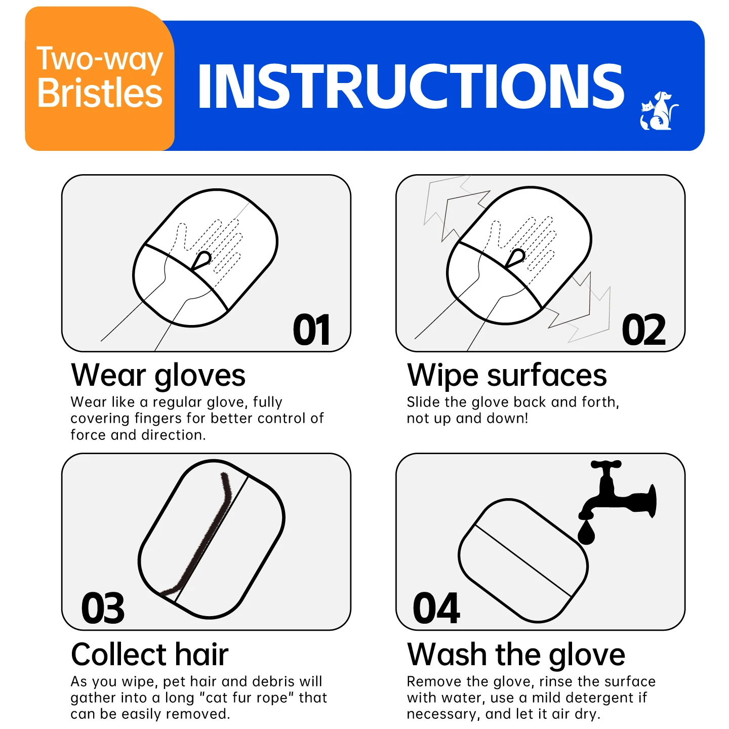 Guantes de aseo para mascotas, cepillo para el pelo de gatos, herramienta de depilación para mascotas, guantes de eliminación estática reutilizables, guantes de aseo de doble cara para mascotas - imagen 4