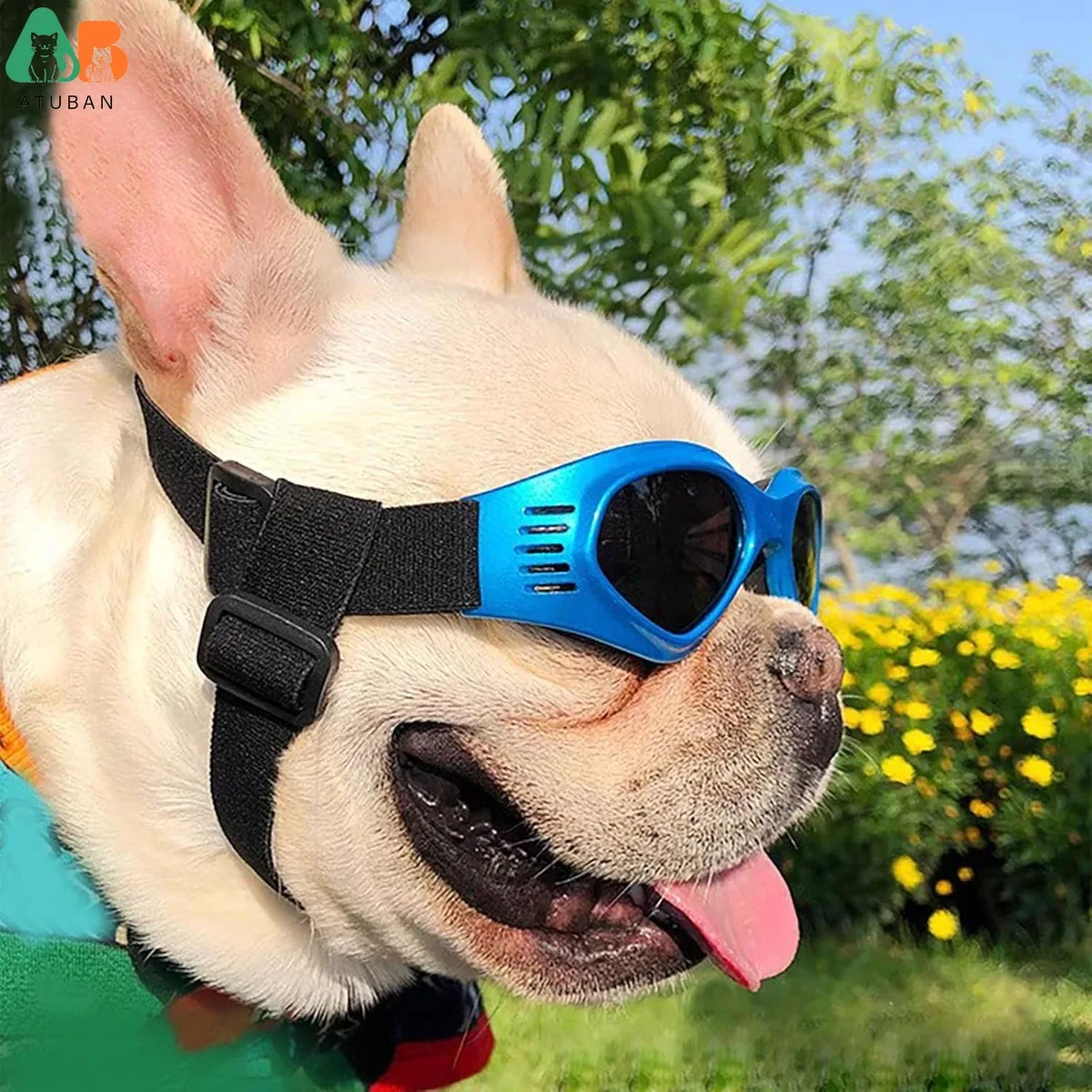 ATUBAN Juego de casco y gafas de sol para perros pequeños a medianos, gafas plegables para mascotas con correa elástica ajustable, azul - imagen 5