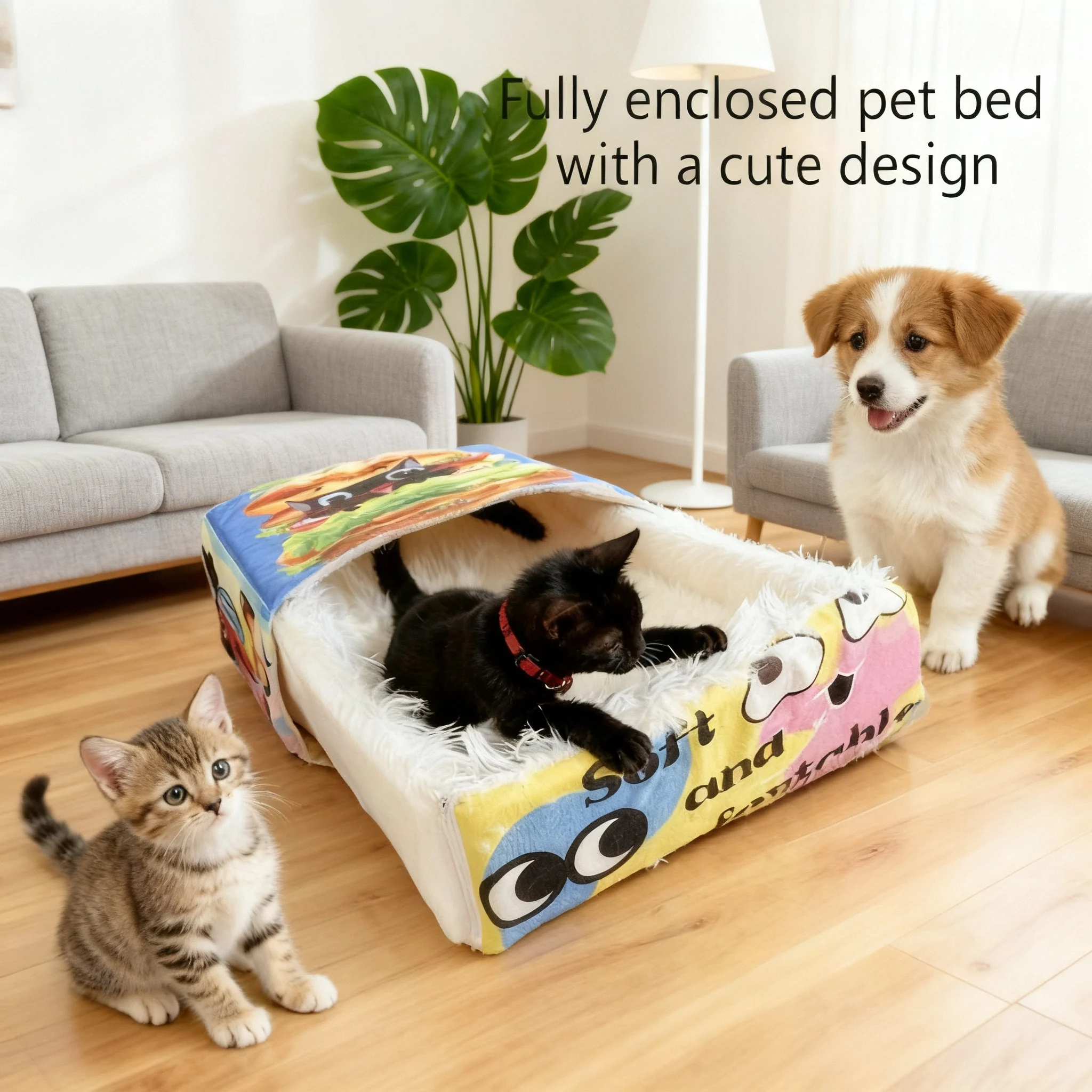 BOOTEELY-cama de felpa de gato negro con hamburguesa de dibujos animados, nido para mascotas acogedor y espacioso, diseño de caja de aperitivos, descanso cómodo para gatos - imagen 4