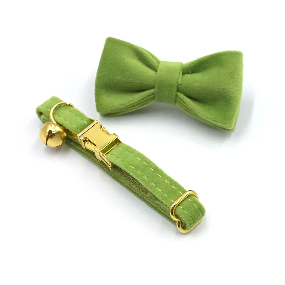 Collar de terciopelo grueso verde Matcha para gatos, Collar de gato con nombre personalizado y Bukcles de Metal, Collar ajustable con bonito lazo para cachorro - imagen 2