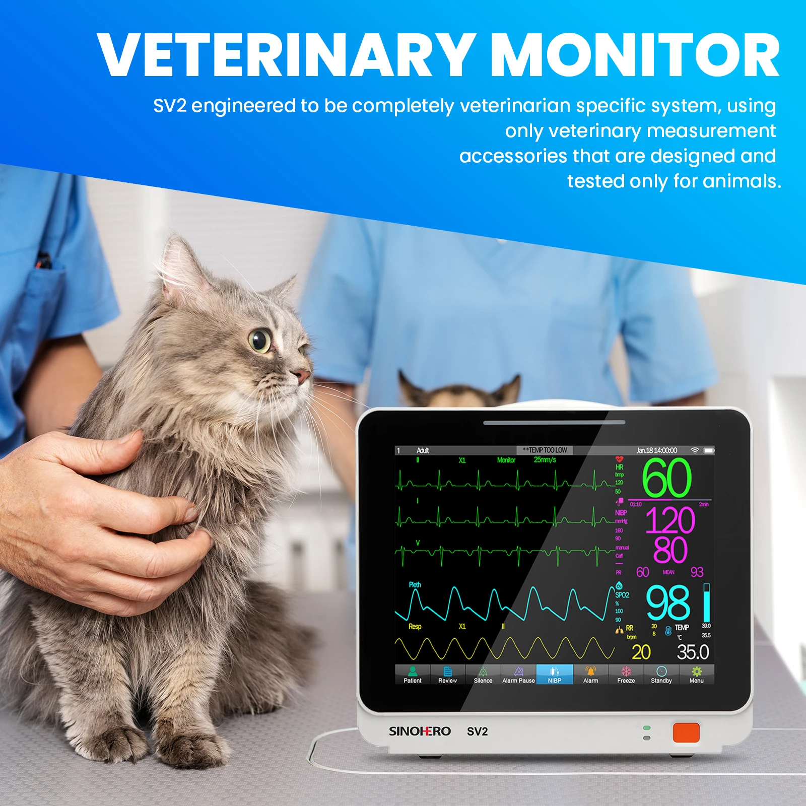 Monitor veterinario SV2 pantalla LCD táctil de 5,5 "ECG RESP SpO2 PR NIBP Monitor de señales vitales multiparamómetros para animales de compañía