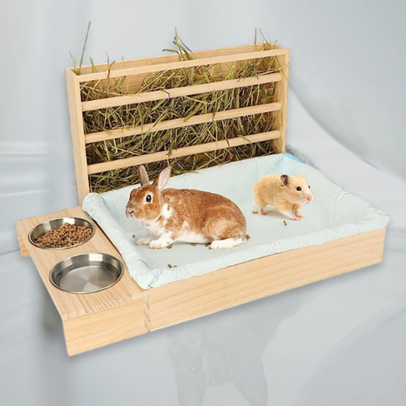 Alimentador de conejo de madera con caja de arena, dispensador de comida para hámster, suministros de alimentación de Chinchilla para animales pequeños - imagen 3